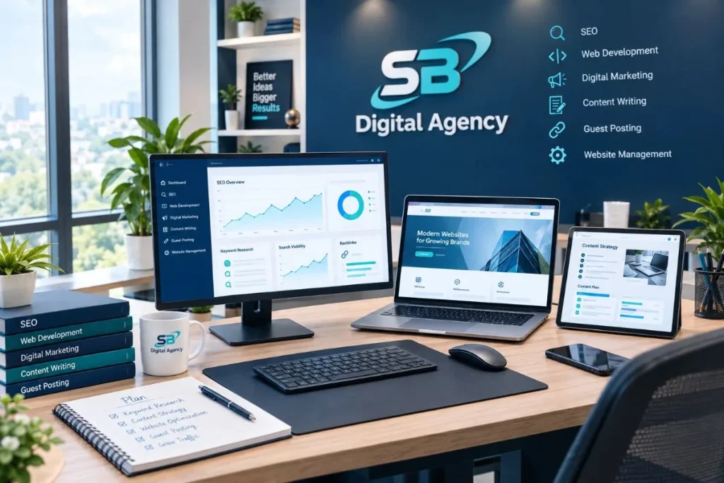 Digital marketing workspace representing SEO, web development and digital services