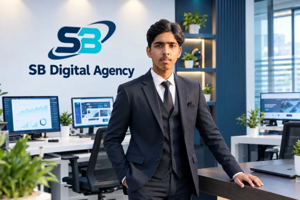 Shifaullah Bhoon standing in the SB Digital Agency office he founded