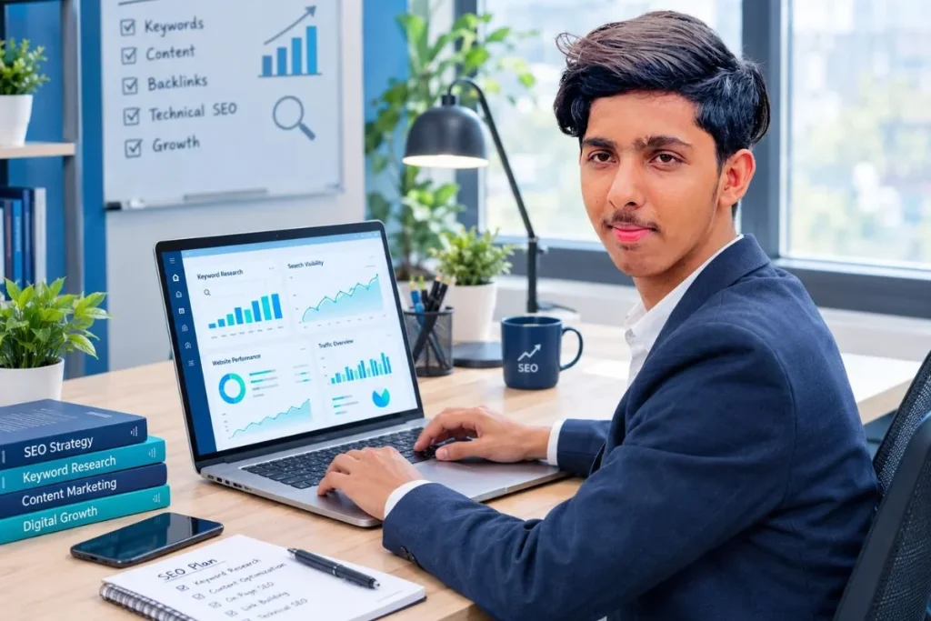 Shifaullah Bhoon working on SEO and search optimization in a professional digital workspace